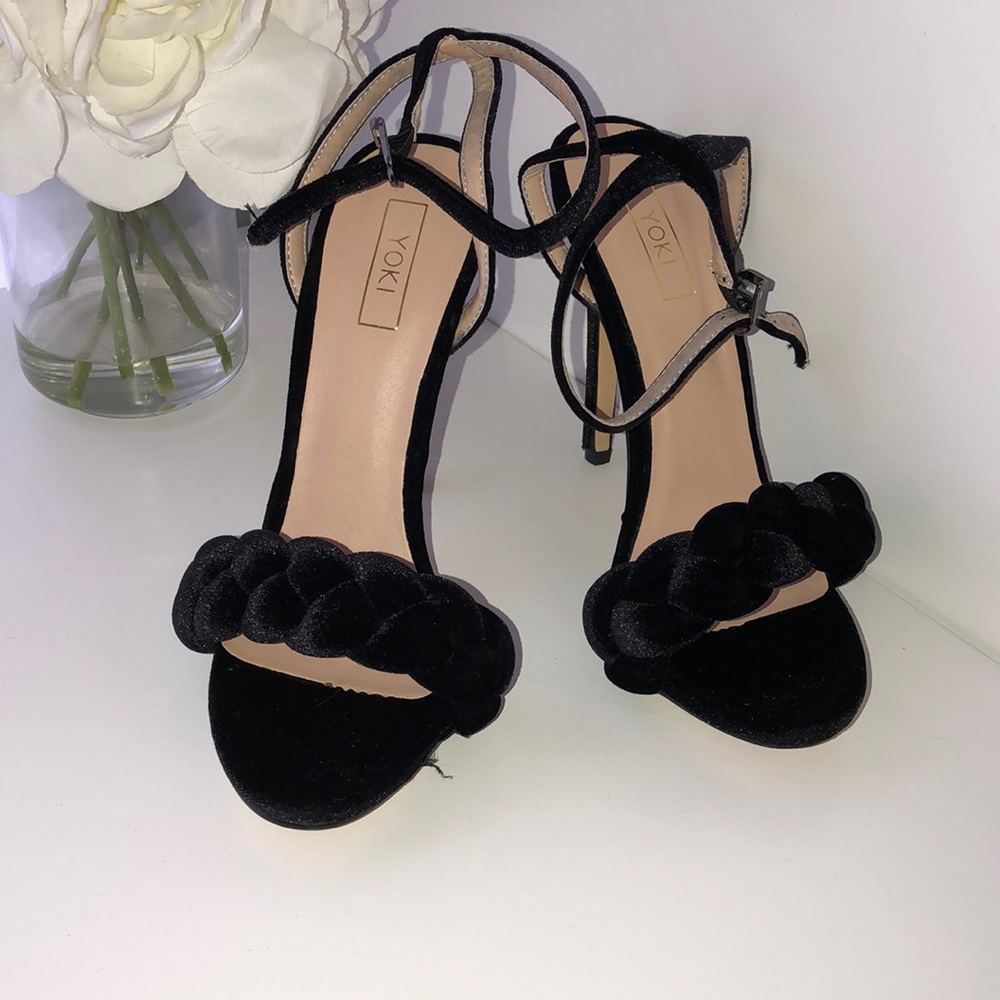 Black braided velvet heels